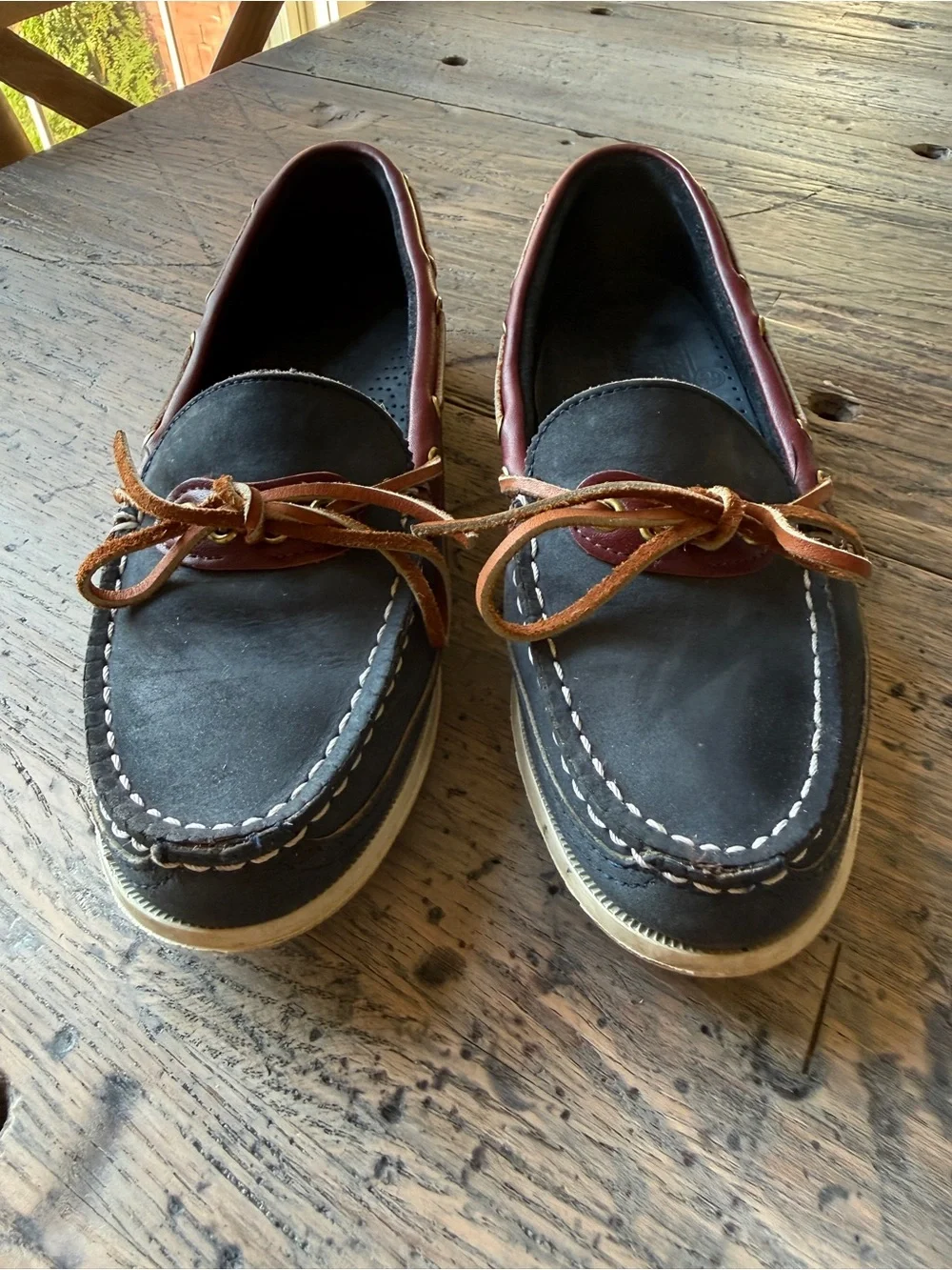 Sebago Docksides Boat Shoes womens 8.5 M Navy Burgundy Leather Made in USA
